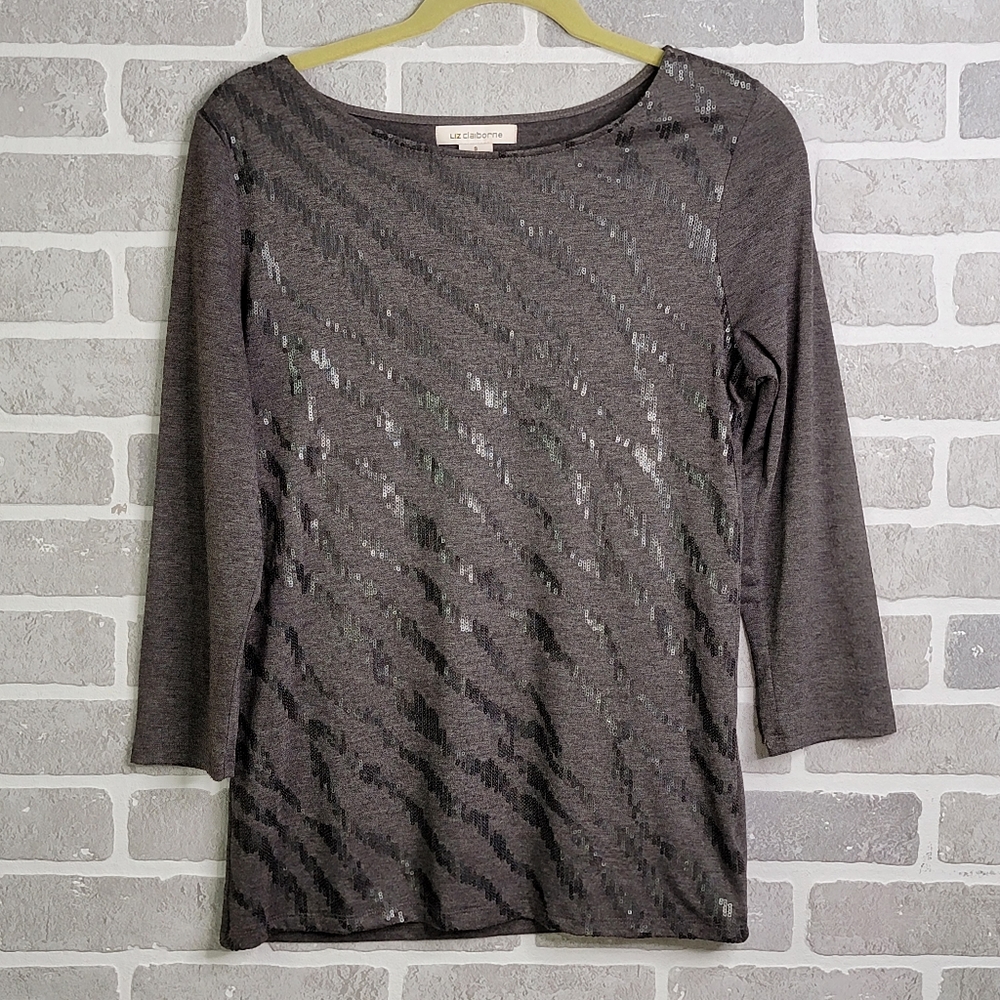 Liz Claiborn Black Sequin Animal Big Cat Print Stretch Top Women's Size S